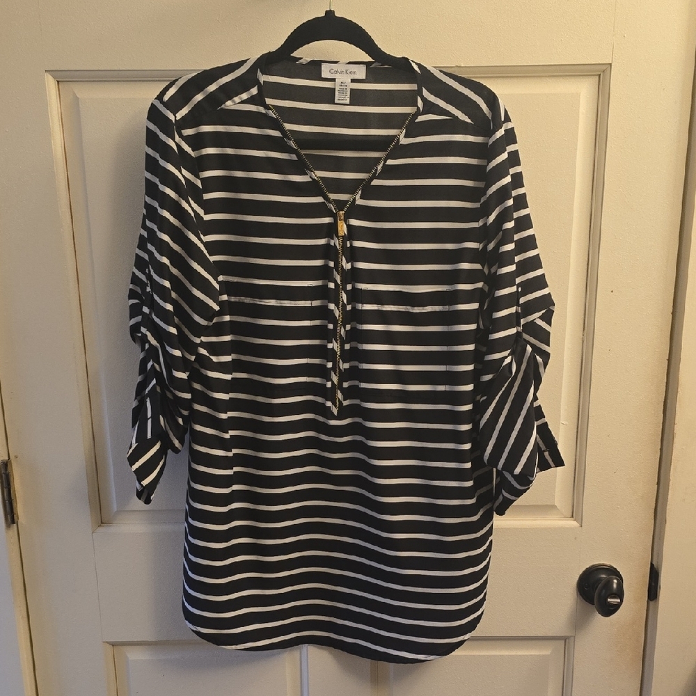 Calvin Klein Black and White Striped Blouse